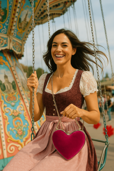 Frau auf Kettenkarussel mit Wiesn-Tasche von den Schönmachern